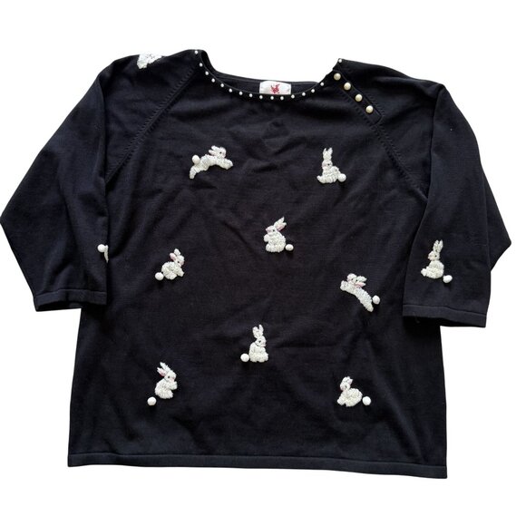Quacker Factory Black Sweater Snow Bunnies Puffy CottonTails Faux Pearl   XL - Picture 1 of 7